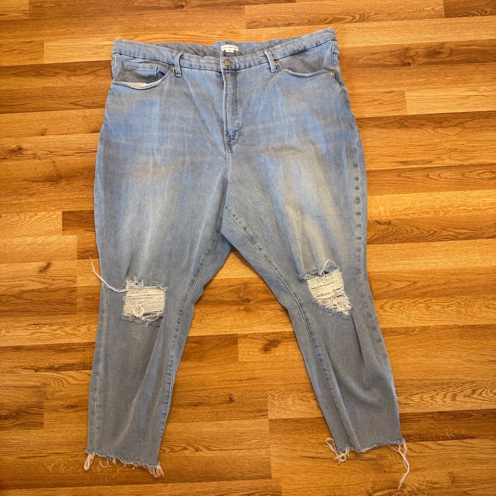 Good American Plus Size 20 Distressed Mom Jeans Light‎ Wash Ripped Raw Hem Denim